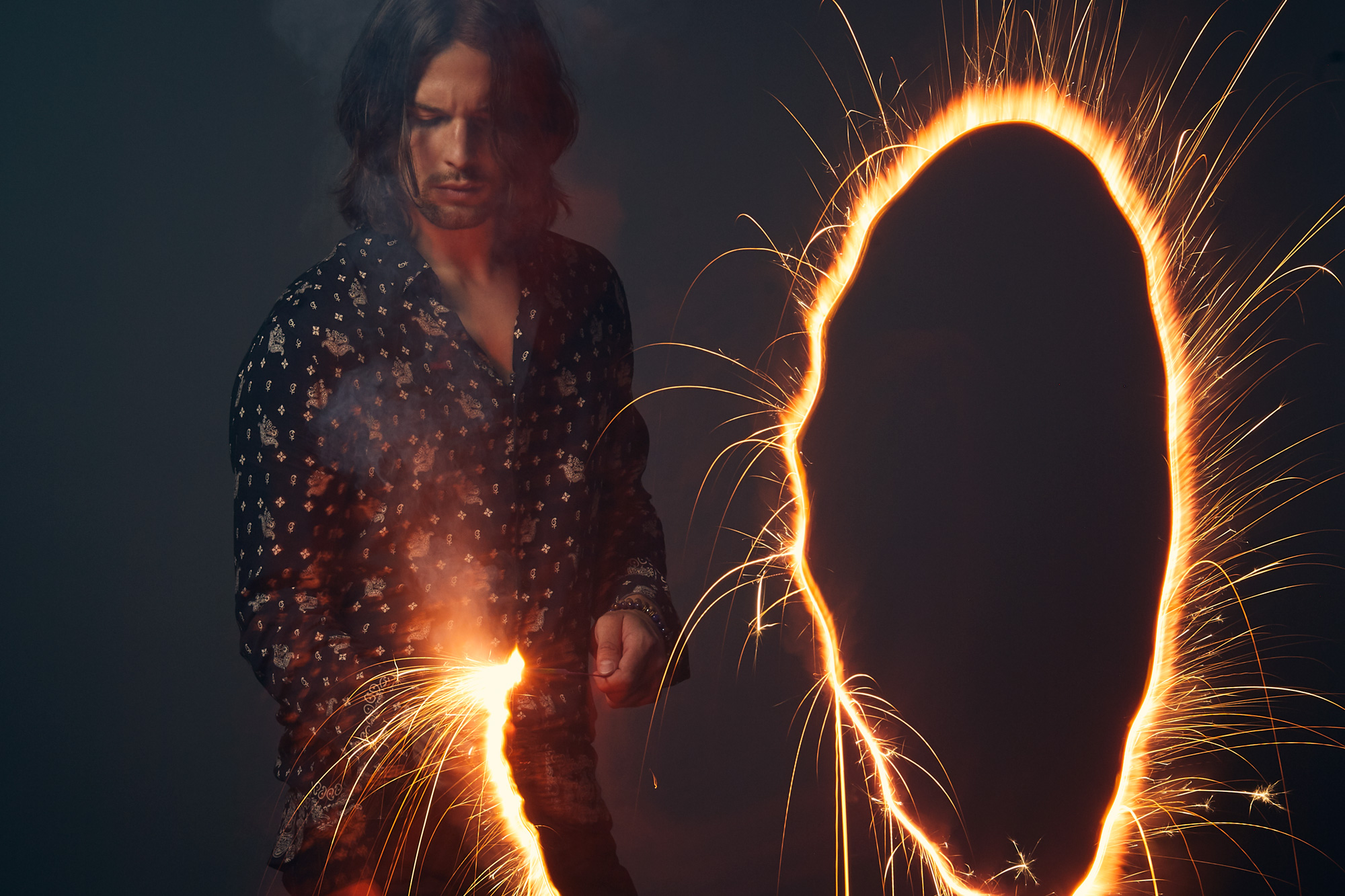 David Myhre studio portrait with fireworks