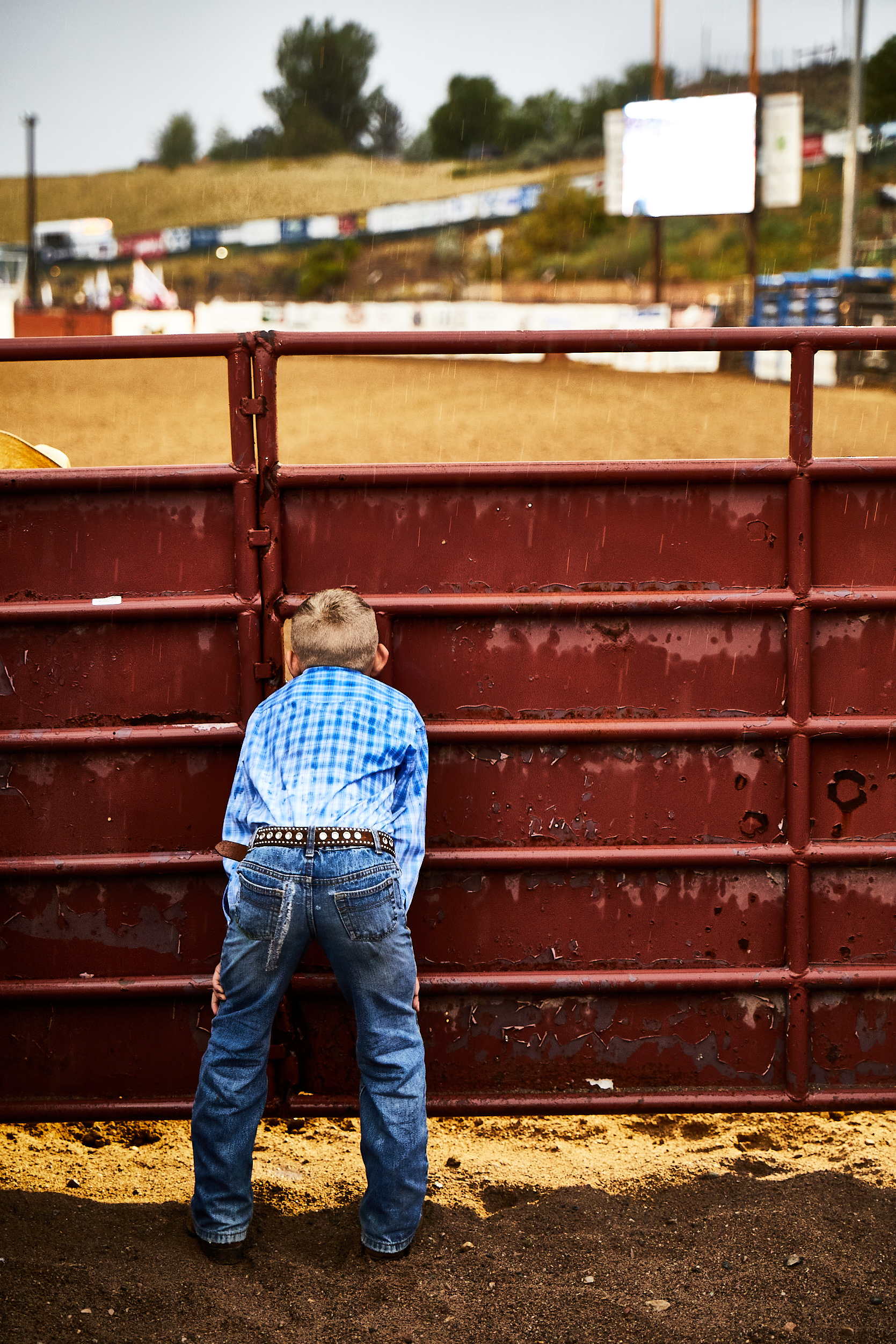 Eagle rodeo in eagle colorado kid looking through fence
